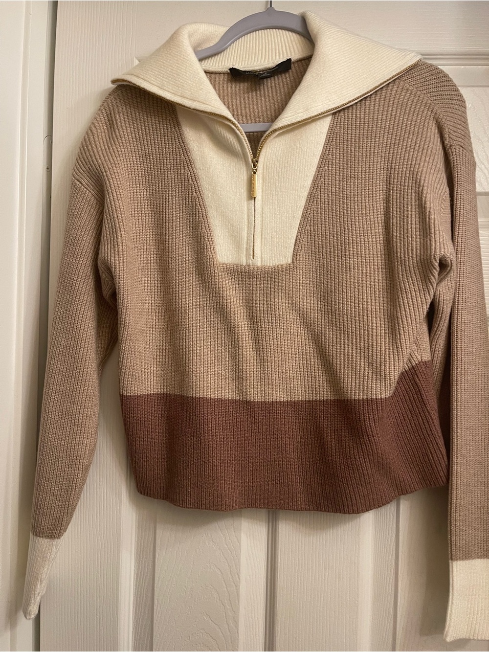 Marc New York Ribbed Colorblock Zip-Neck Sweater in Cream and Brown Tones